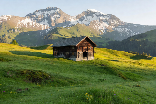 Alpine green pastures and traditional wooden barn in Switzerland