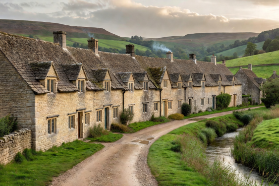 Bibury Arlington Row 14th century stone cottages in the Cotswolds