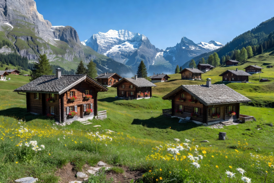 Gimmelwald Swiss Alpine wooden chalets and meadow