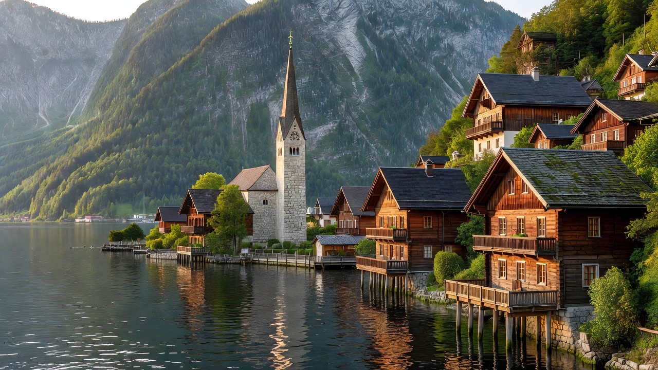 Hallstatt historic church steeple and lakeside 16th-century wooden chalets
