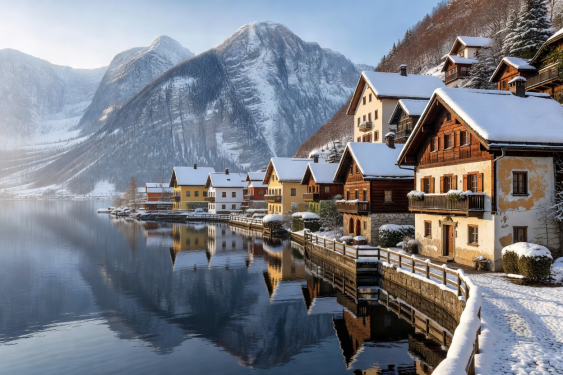 Hallstatt village lake and 16th century Alpine houses