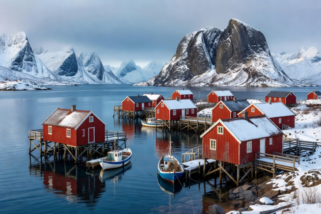 Lofoten Arctic fishing village with red wooden cabins and fjords