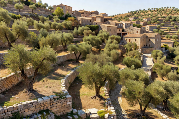 Mediterranean stone village terraces and olive grove