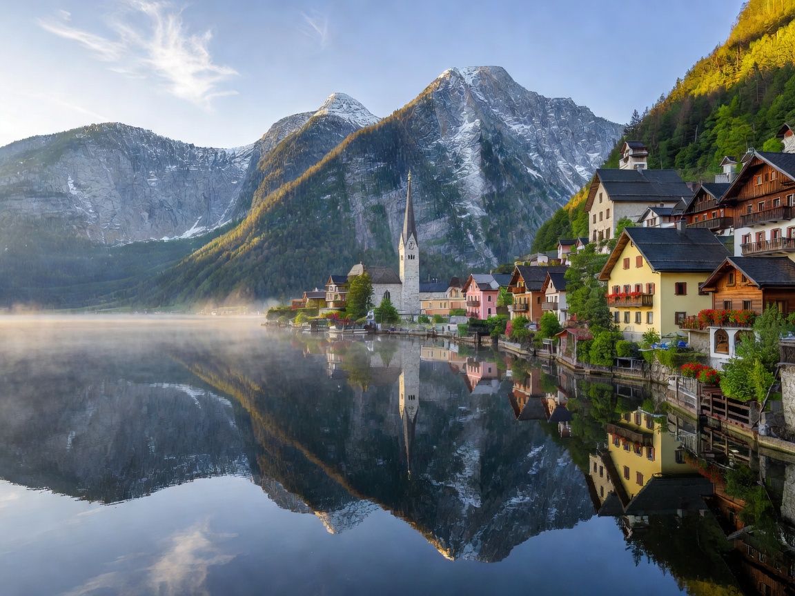 Scenic alpine village of Hallstatt surrounded by mountain reflection