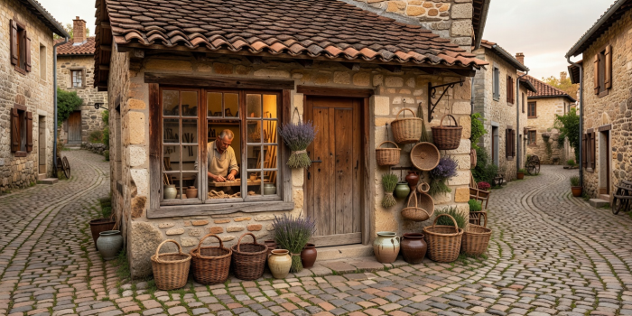 Traditional European village artisan shop and cobbled street