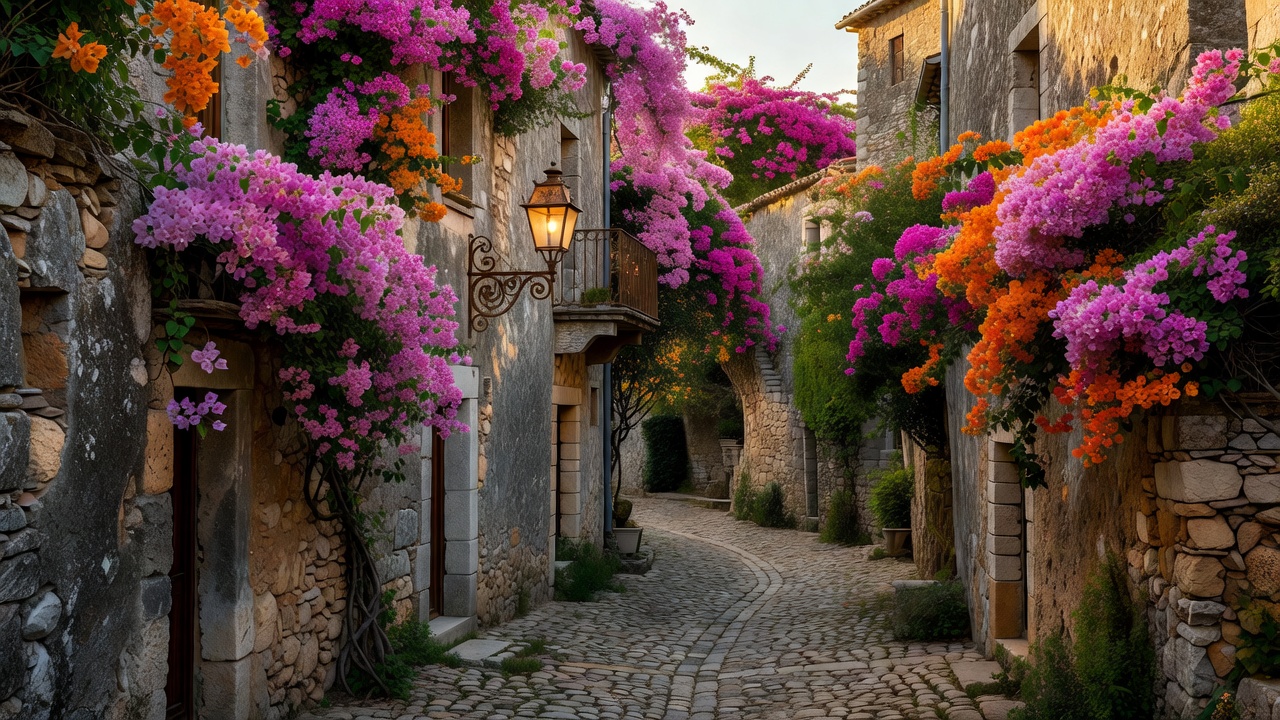 Èze medieval stone street with flowering bougainvillea and iron lantern